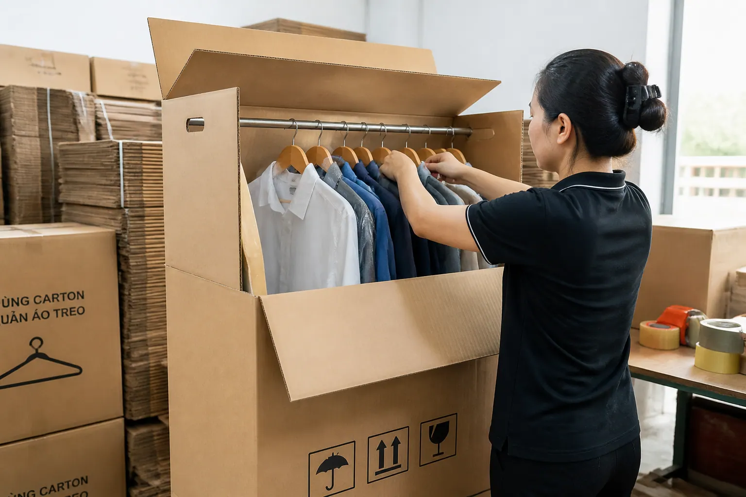 Thùng Carton Quần Áo Treo: Giải Pháp Đóng Gói An Toàn Cho Ngành May Mặc